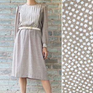 Vintage Secretary Dress 80s Midi Silky Beige Cream Pleated Church Lady Secretary